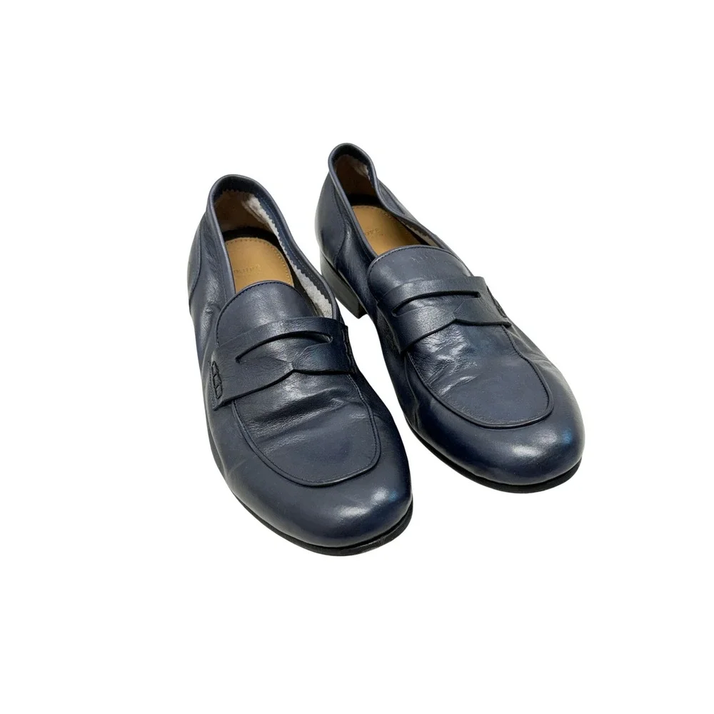 Lukure Navy Blue Leather Penny Loafers Handmade in Italy Size 43 US 10